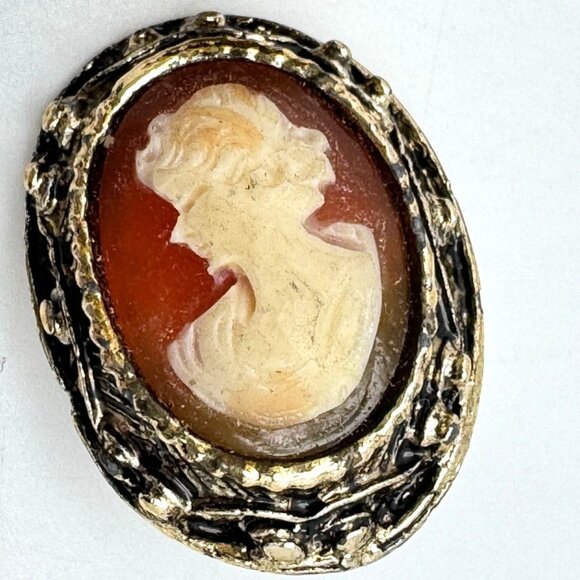 Gold-Tone Vintage Cameo Clip-On Earrings Ornate Frames & Red Orange White - Picture 4 of 5